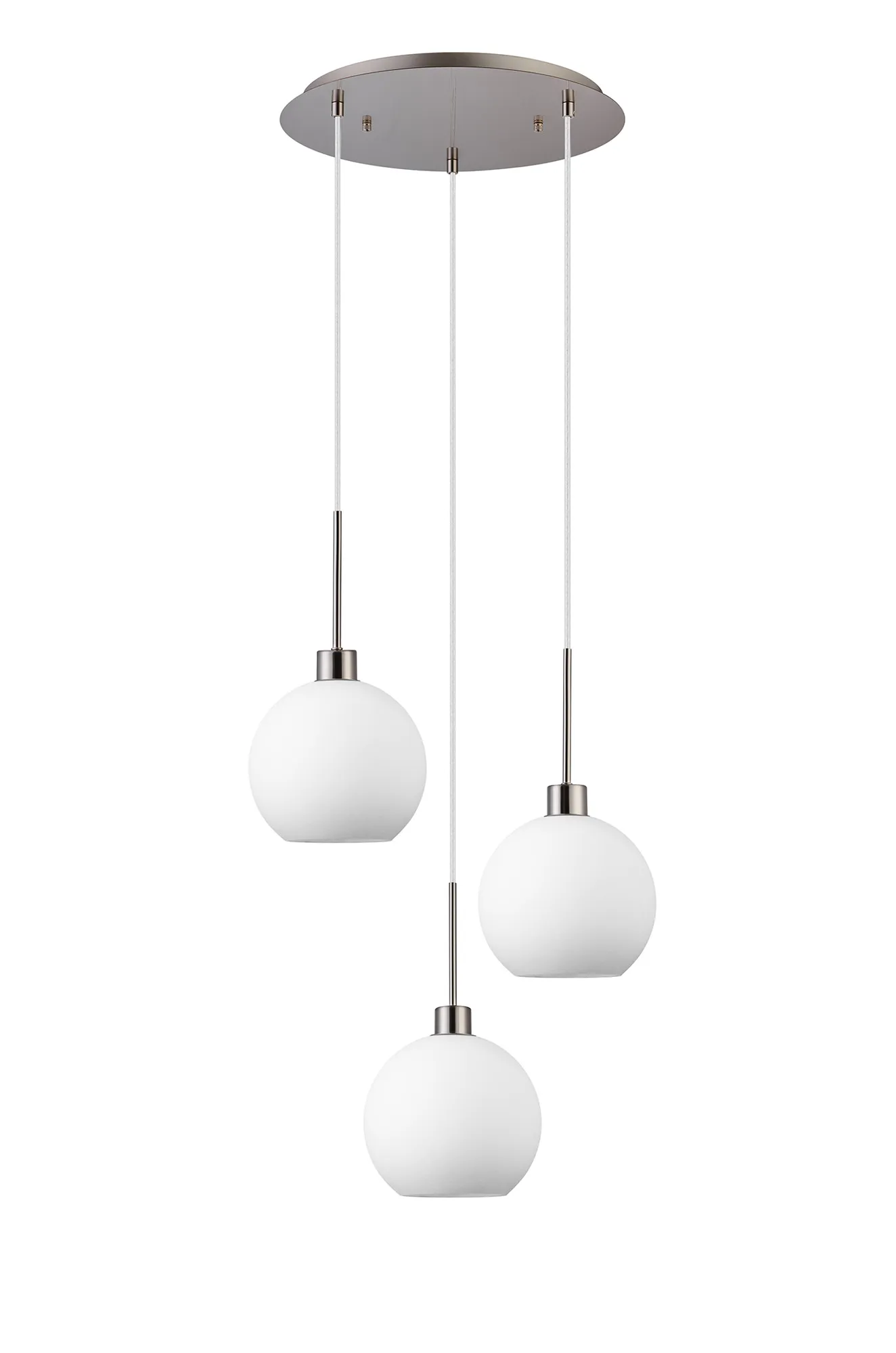 Lori 40cm Round Pendant, 3 Light Adjustable E27, Satin Nickel/Opal Open Mouth Round Globe Shades DK1366  Deco Lori Satin Nickel